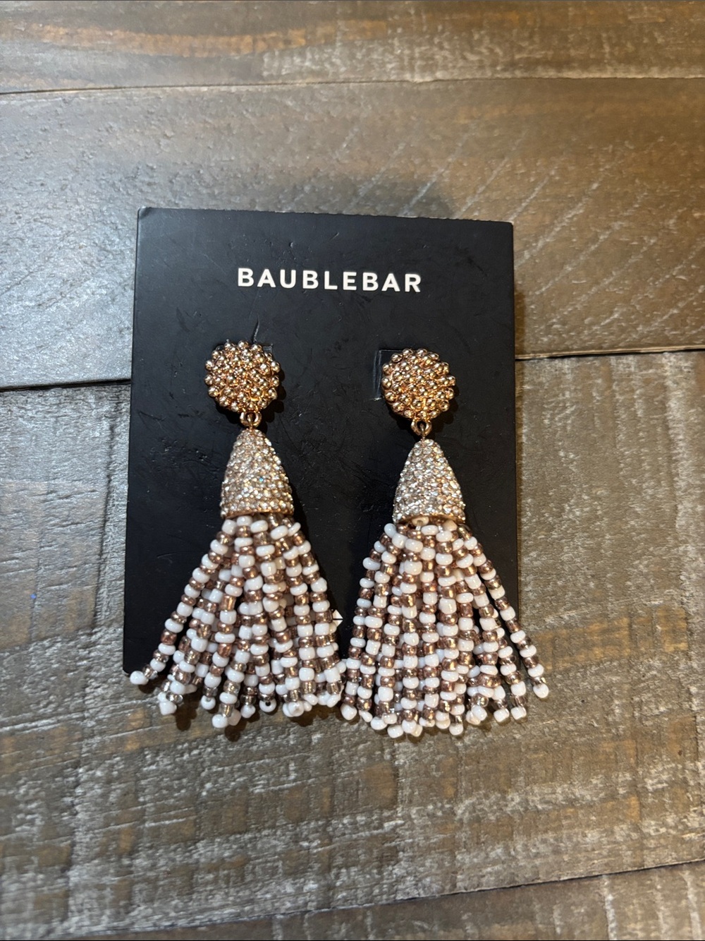 BaubleBar Gold and Cream Beaded Tassel Drop Earrings